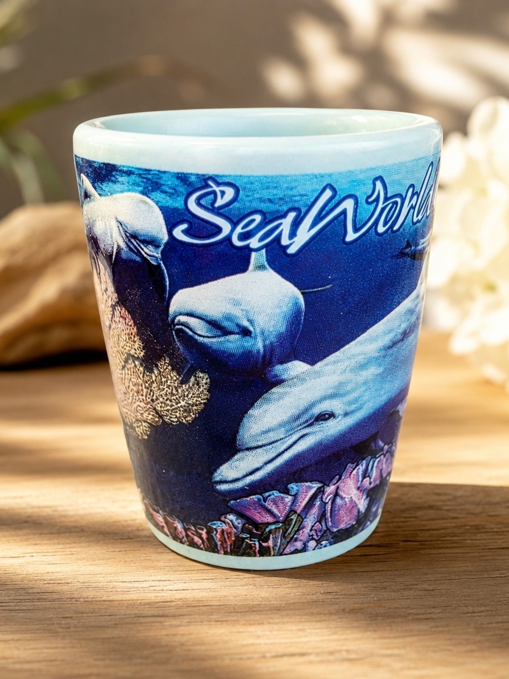 SeaWorld vintage 1994 White Ceramic Shot Glass Orca Whales Souvenir Keepsake